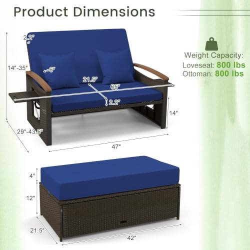 Tangkula Patio Rattan Daybed, Outdoor Wicker Loveseat, Mix Brown & Navy - Image 5