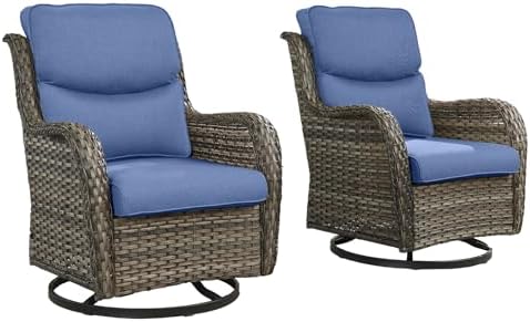 Outdoor Wicker Swivel Rocker Patio Chairs Set of 2, Cushion Smile Blue by Rilyson