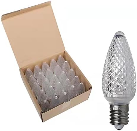 Set of 25 C9 White Faceted Cover Led Replacement Light Bulbs, Dimmable High Brightness E17 Christmas Decorative String Lights for Outdoor Holiday Decoration (White)