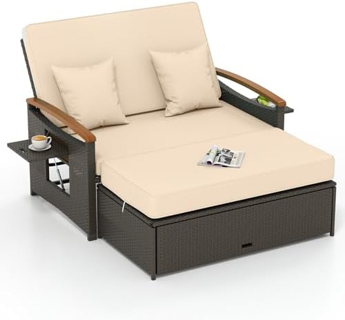 Tangkula Patio Rattan Daybed, Outdoor Wicker Loveseat, Mix Brown & Beige by TANGKULA