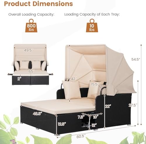 DREAMADE Outdoor Daybed with Canopy, 2 Person Rattan Patio Sunbed - Image 5