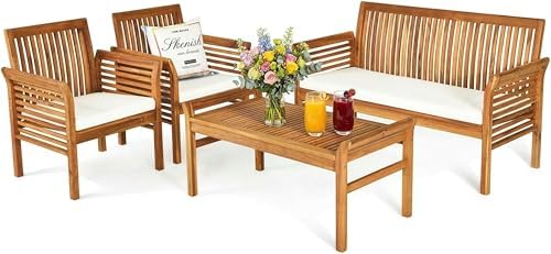 Tangkula 4 Piece Outdoor Acacia Wood Sofa Set by TANGKULA