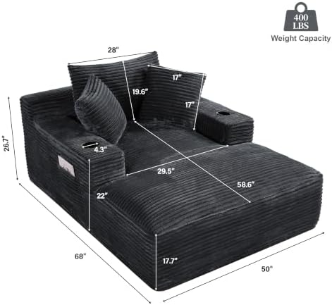 68" Oversized Boneless Chaise Lounge Chair Indoor, Cup Holders, Dark Grey - Image 2