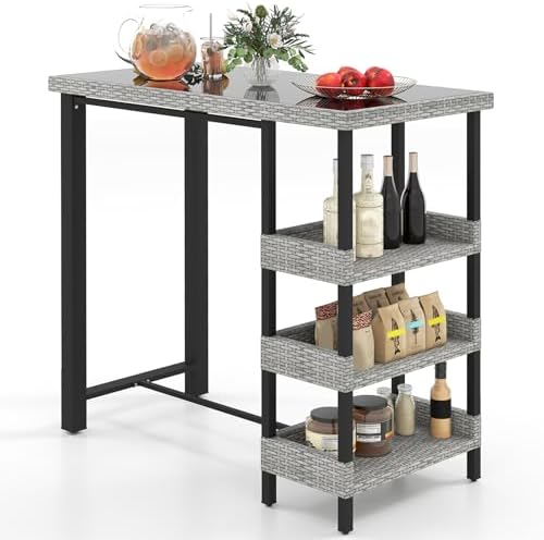 Tangkula 43.5” Outdoor Bar Table, Wicker Bar Height Dining Table, Mix Gray by TANGKULA