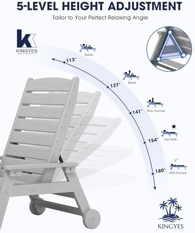 KINGYES HDPE Lounge Chair Outdoor Set of 2, All Weather Pool Lounger - Image 3