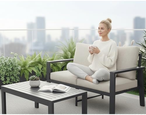 Aluminum Outdoor Loveseat with Coffee Table Small Furniture Patio Love Seat by VonzoyHome