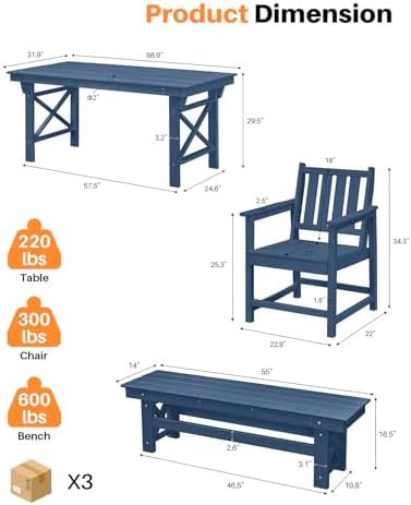 HDPE Outdoor Dining Set of 6, Patio Dining Table Set - Image 3