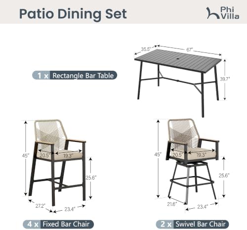 PHI VILLA Bar Height Patio Table & Chairs, Outdoor Furniture Dining Set - Image 2