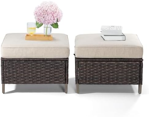 Patio Ottoman Set of 2, All Weather Outdoor Rattan Ottomans Patio Footstools - Image 5