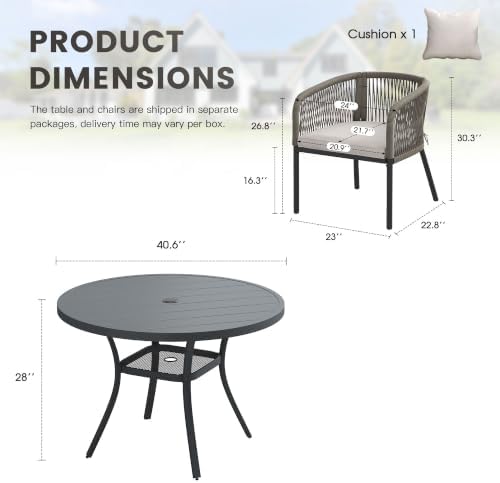 Patio Dining Set, 40.6" Round Table & Wheat Cushioned Wicker Chairs - Image 2