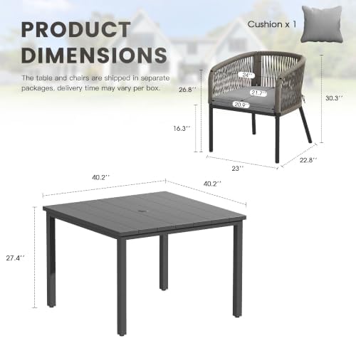 Patio Dining Set, 40.2" Square Table & Grey Cushioned Wicker Chairs - Image 2