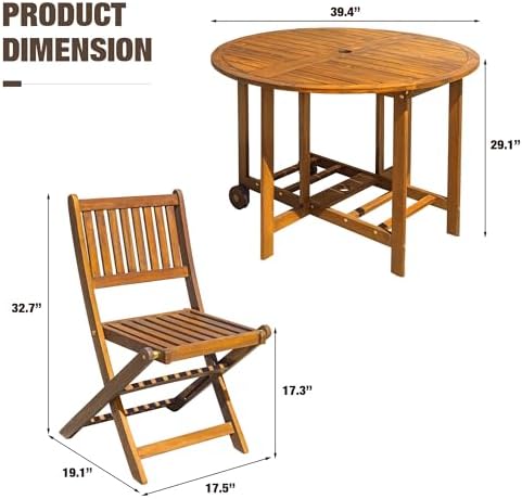 Devoko Acacia Wood Outdoor Patio Folding Table and Chairs Set - Image 5