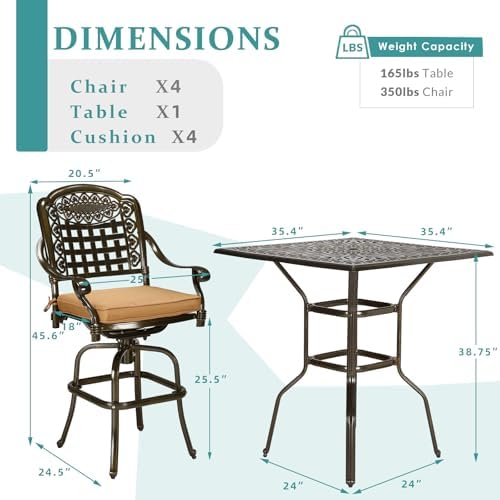 5-Piece Patio Swivel Bar Set, All-Weather Cast Aluminum Outdoor High Bar Stool - Image 5