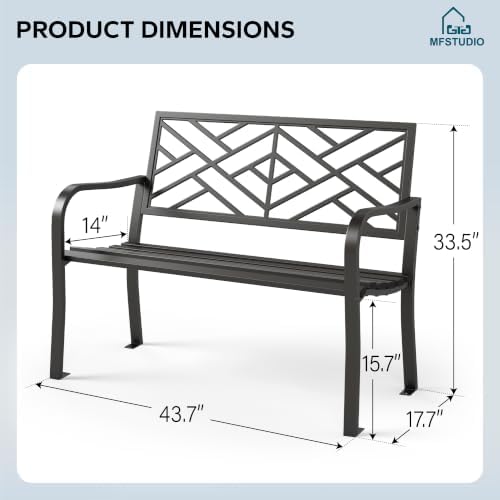 MFSTUDIO 43.7” Cast Iron Outdoor Garden Bench, Geometric Backrest - Image 2