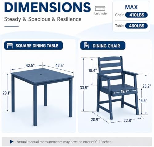 HDPE Outdoor Dining Set for 4, Square Table & Chairs Set - Image 5