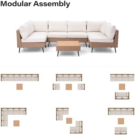 Outdoor Patio Furniture, 7 Piece Outdoor Sectional Sofa PE Rattan Wicker Patio - Image 6