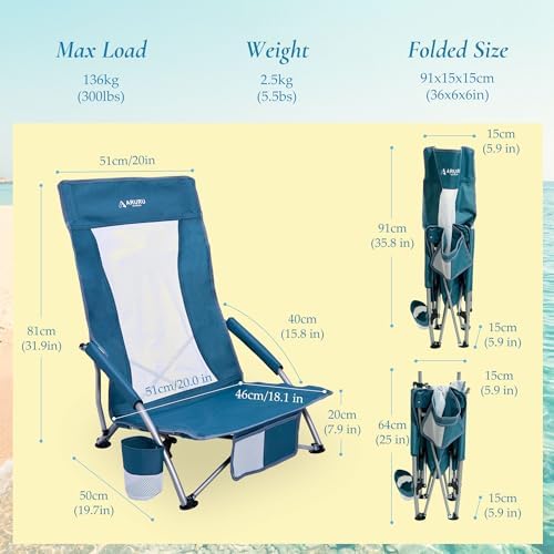 Low Beach Chairs for Adults High Back, Folding Portable Sling Beach Camping - Image 3