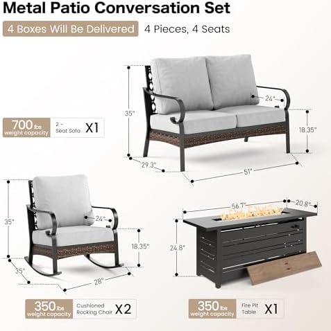 Metal Patio Furniture Set with Fire Pit Table, 4 Seat, Light Grey - Image 2