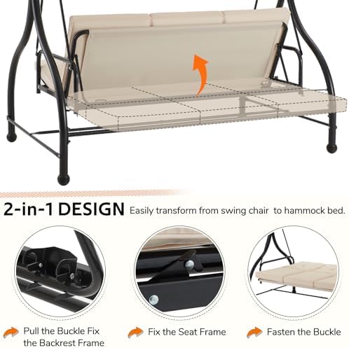 Porch Swing Chair with Adjustable Backrest&Canopy, 3 Seat Patio Swing with - Image 2