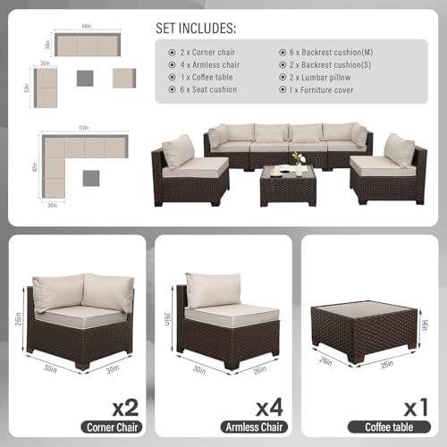 Outdoor Patio Furniture Set 7 Pieces Wicker Sectional Sofa Brown Rattan - Image 3