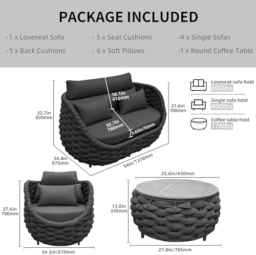 TWT 6-Piece Aluminum Patio Furniture Set, Textilene Dark Grey w/Table - Image 2