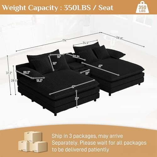 114" Oversized Double Chaise Lounge, Corduroy Sofa Bed - Image 2