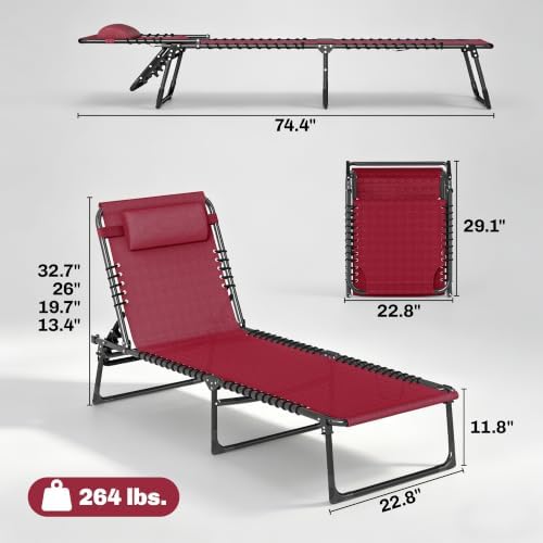 Outsunny Folding Chaise Lounge Chair Outdoor Mesh Seat Wine Red - Image 3