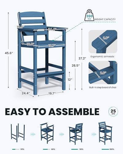 SERWALL 2-Pieces Tall Adirondack Chairs, HDPE Balcony Barstools Set - Image 3