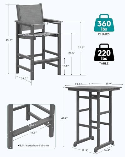 SERWALL 3 Pcs Textilene Bar Height Adirondack Chairs and Table Set - Image 3