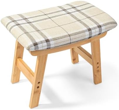 BAMBOO LAND- Bamboo Foot Stools Ottoman, Stripes Beige Cushion & Natural Wood by BAMBOOLAND