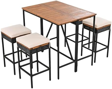 Patio Bar Table Set of 10, Outdoor Wood Height Bar Table & 8 Bar Stools - Image 5
