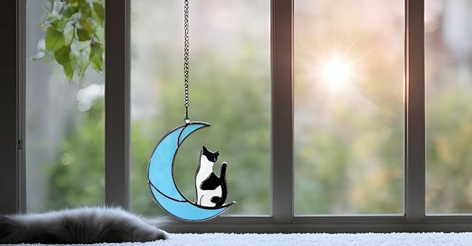 Black and White Cat Gifts，Cat Loss Sympathy Gift，Cat Memorial Gifts for Loss of Cat，Tuxedo cat Gifts，Cat Suncatcher，Stained Glass Cat Window Hanging