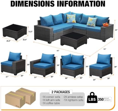 6 Pieces Patio Furniture Set All-Weather Outdoor Wicker Sectional Conversation - Image 4