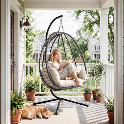 Foldable Egg Chair with Stand, 485LBS Capacity Wicker Rattan Hammock Swing Chair by ALAULM