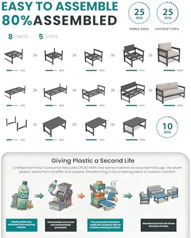 SERWALL 4 Pieces HDPE Outdoor Loveseat Sofa Set - Image 6