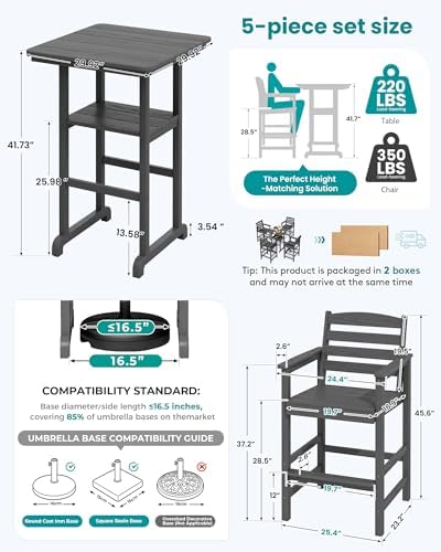 SERWALL 5 Pcs HDPE Bar Height Chairs and Double Layer Pub Table Set - Image 6