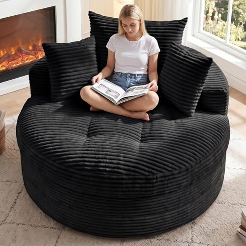 Oversized Round Chaise Lounge Chair, Deep Seat Cloud Boneless Floor Sofa Couch by FelizHome