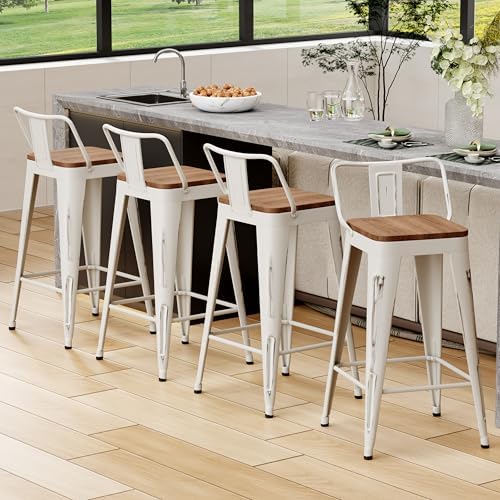 30" Barstools Set of 4 Counter Height Bar Stools Chair-Distressed White - Image 3