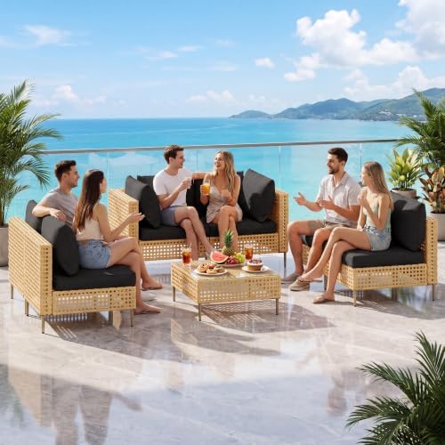 7-Piece Patio Furniture Set, Handmade Rattan Outdoor Furniture Set, Outdoor by LHBcraft-US