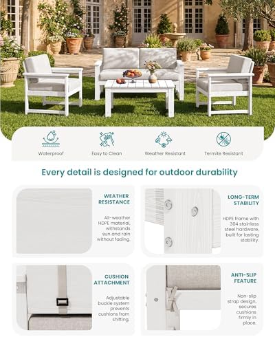 SERWALL 3 Pieces HDPE Outdoor Sofa Bistro Set - Image 5