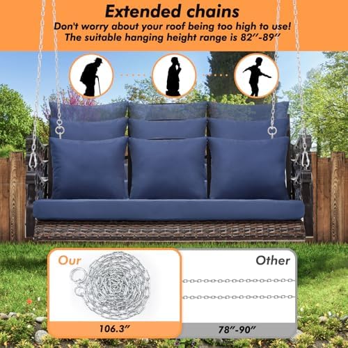 ZZW 3-Person Wicker Porch Swing Chair Heavy Duty 900 LBS Outdoor Rattan Patio - Image 5