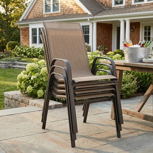 VICLLAX Patio Dining Set, 8 Brown Stackable Chair & 53" Metal Walnut Table - Image 3