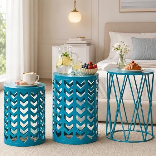 Nesting Side Table Set of 3 Decorative Round Garden Stools - Image 3