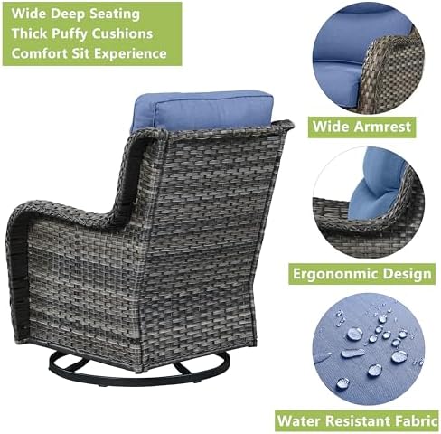 Outdoor Wicker Swivel Rocker Patio Chairs Set of 2, Cushion Smile Blue - Image 6