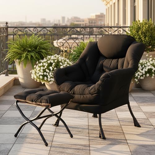 Tiita Lazy Chair with Ottoman, Comfy Reading Accent Chair, Velvet Black - Image 2