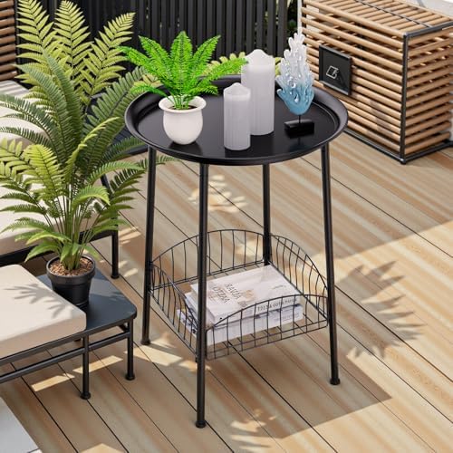 Small Outdoor Side Table, 2-Tier Round Metal Patio Table, Accent Table - Image 2