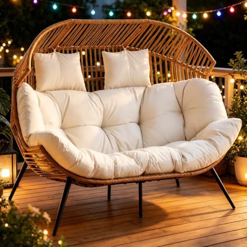 Double Egg Chair Wicker Outdoor Chairs, 2 Person Oversized Patio Loveseat - Image 3