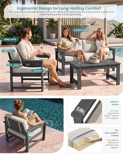 SERWALL 4 Pieces HDPE Outdoor Loveseat Sofa Set - Image 3