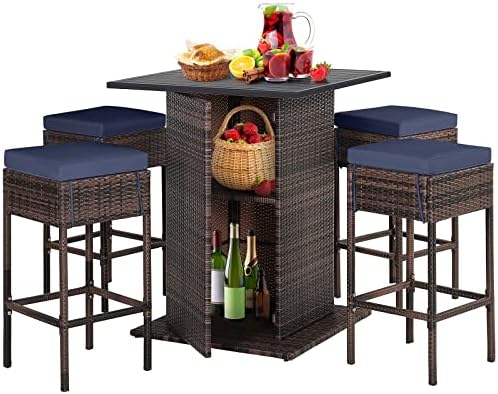 HAPPYGRILL 5 Piece Rattan Bar Set Outdoor Wicker Bar Table and 4 Bar Stools by HAPPYGRILL