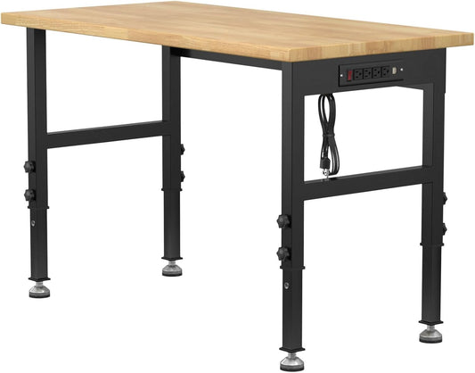 48" Adjustable Workbench,Heavy-Duty Work Table,3000 LBS Load Capacity Hardwood Workstation Outlets with Power Strips and Fixed feet,for Workshop, Garage